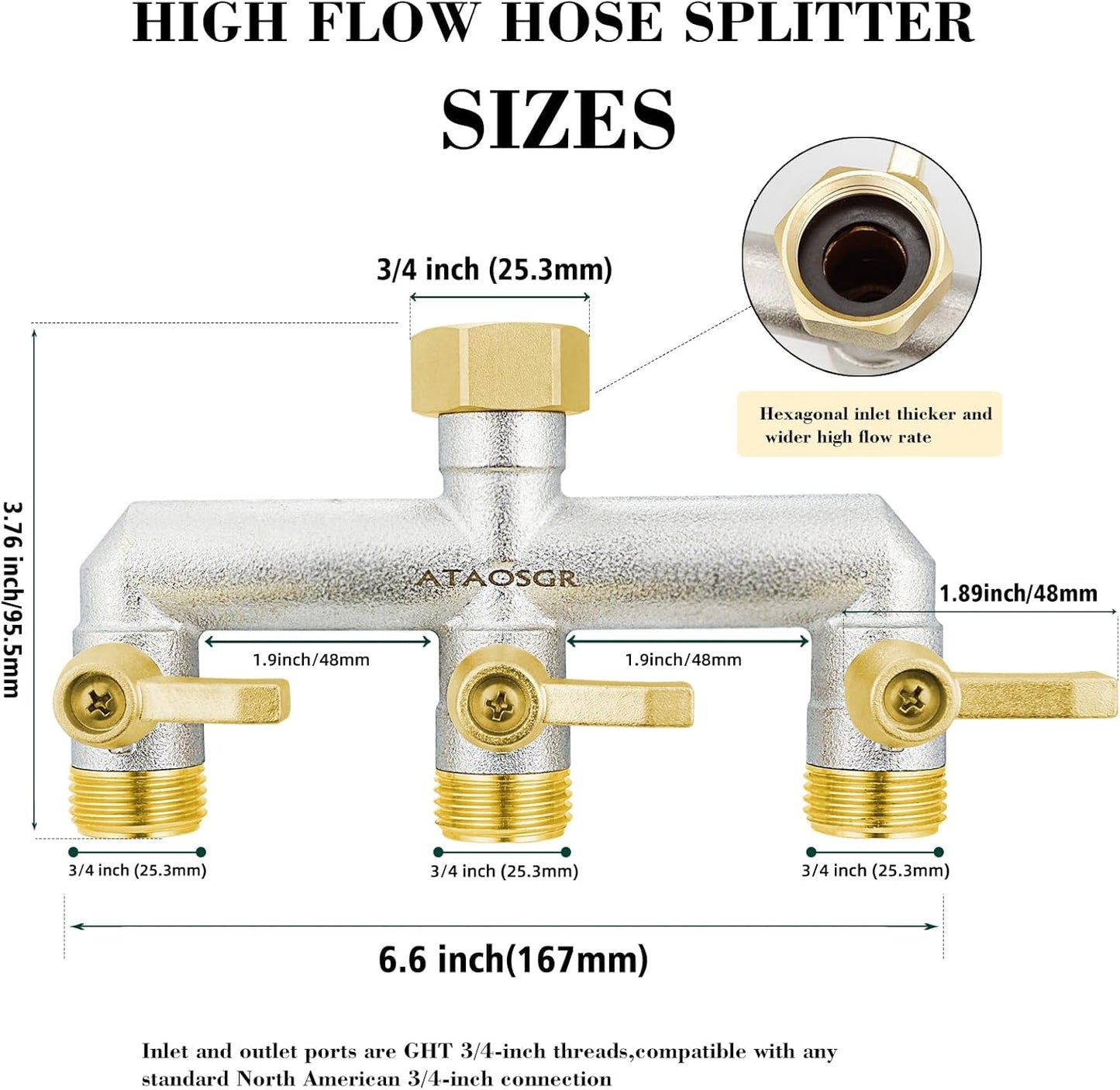 3-Way Full Flow Garden Hose Splitter, 3/4” GHT Thread, Heavy Duty Brass Nickel Plated Outdoor Faucet Manifold ，Hose High Flow Adapter，with Individual Shutoff Valves Extended Handle