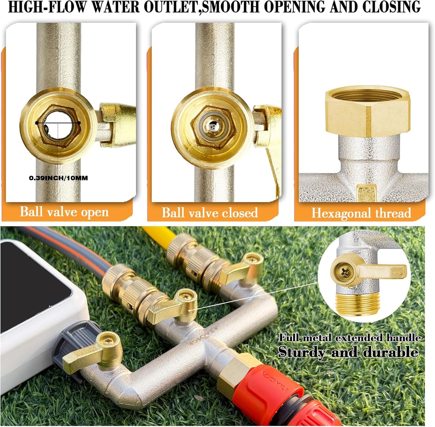 3-Way Full Flow Garden Hose Splitter, 3/4” GHT Thread, Heavy Duty Brass Nickel Plated Outdoor Faucet Manifold ，Hose High Flow Adapter，with Individual Shutoff Valves Extended Handle