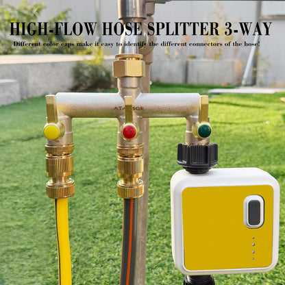 3-Way Full Flow Garden Hose Splitter, 3/4” GHT Thread, Heavy Duty Brass Nickel Plated Outdoor Faucet Manifold ，Hose High Flow Adapter，with Individual Shutoff Valves Extended Handle