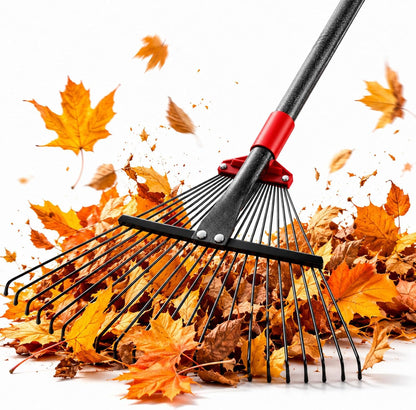 91Inch Adjustable Metal Leaf Rake, 18 Metal Tines Heavy Duty Leaves Rake for Lawns with 8-18" Expandable Head Long Handle Garden Rakes for Women Kids Leaves Yard Gardening Grass Outdoor Camping Debris