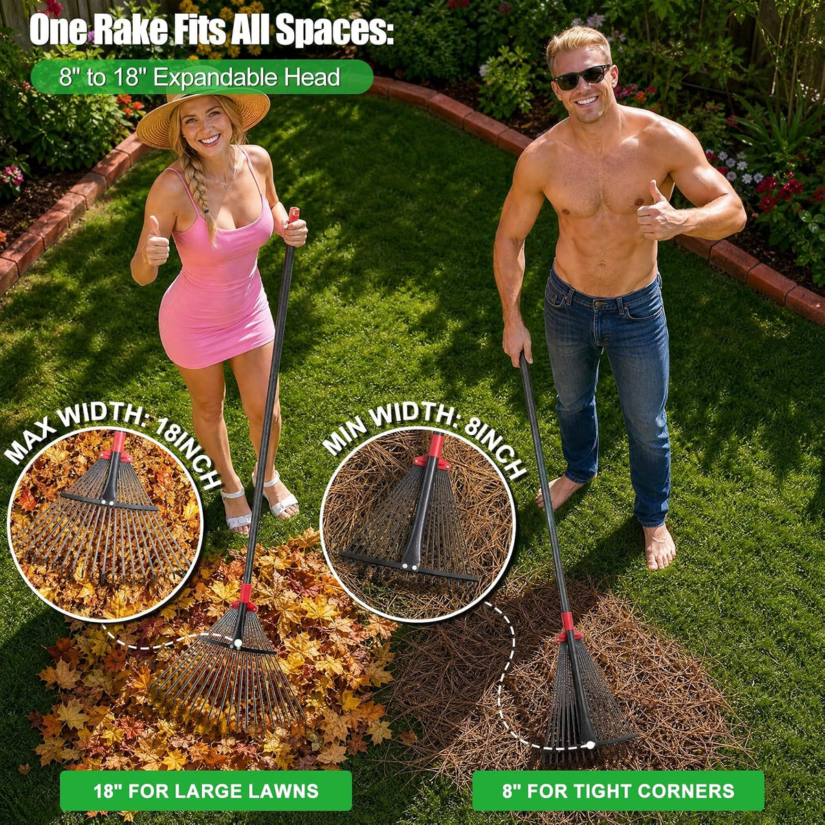 91Inch Adjustable Metal Leaf Rake, 18 Metal Tines Heavy Duty Leaves Rake for Lawns with 8-18" Expandable Head Long Handle Garden Rakes for Women Kids Leaves Yard Gardening Grass Outdoor Camping Debris
