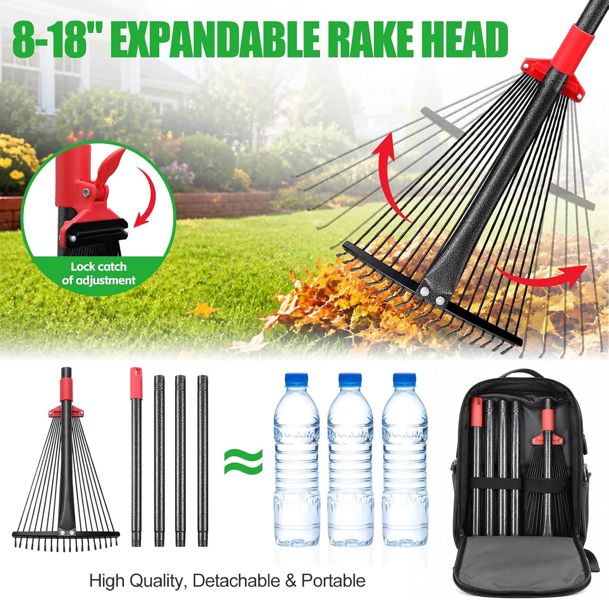 91Inch Adjustable Metal Leaf Rake, 18 Metal Tines Heavy Duty Leaves Rake for Lawns with 8-18" Expandable Head Long Handle Garden Rakes for Women Kids Leaves Yard Gardening Grass Outdoor Camping Debris