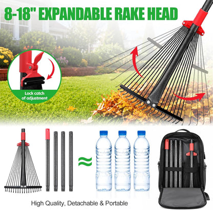 91Inch Adjustable Metal Leaf Rake, 18 Metal Tines Heavy Duty Leaves Rake for Lawns with 8-18" Expandable Head Long Handle Garden Rakes for Women Kids Leaves Yard Gardening Grass Outdoor Camping Debris