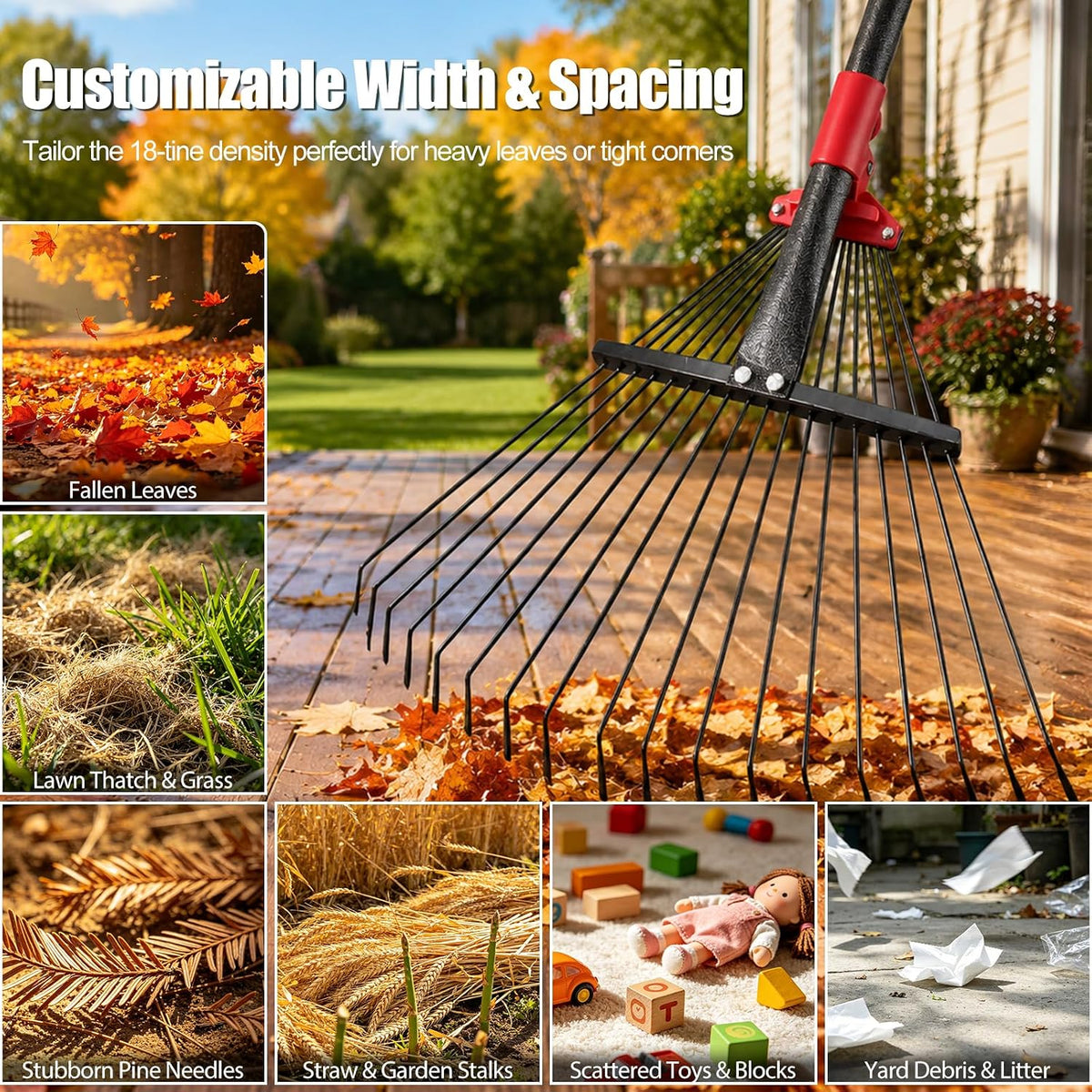 91Inch Adjustable Metal Leaf Rake, 18 Metal Tines Heavy Duty Leaves Rake for Lawns with 8-18" Expandable Head Long Handle Garden Rakes for Women Kids Leaves Yard Gardening Grass Outdoor Camping Debris