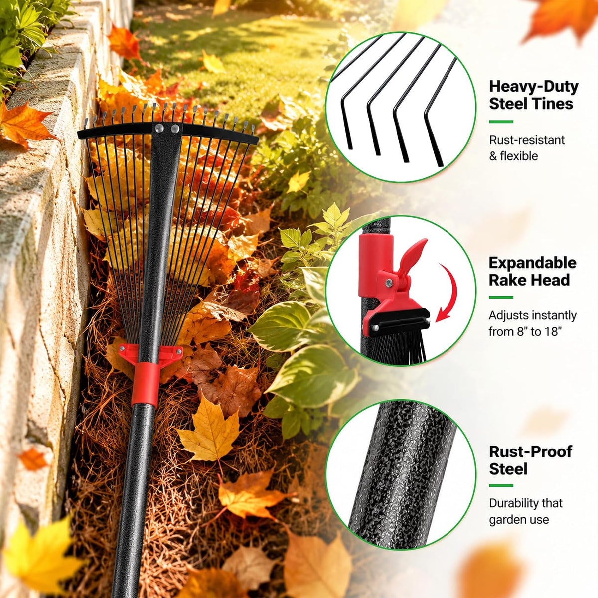 91Inch Adjustable Metal Leaf Rake, 18 Metal Tines Heavy Duty Leaves Rake for Lawns with 8-18" Expandable Head Long Handle Garden Rakes for Women Kids Leaves Yard Gardening Grass Outdoor Camping Debris