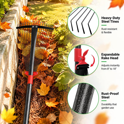91Inch Adjustable Metal Leaf Rake, 18 Metal Tines Heavy Duty Leaves Rake for Lawns with 8-18" Expandable Head Long Handle Garden Rakes for Women Kids Leaves Yard Gardening Grass Outdoor Camping Debris