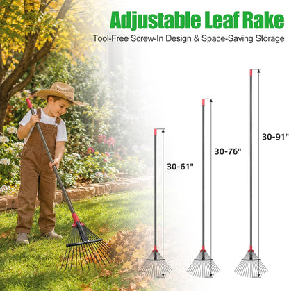 91Inch Adjustable Metal Leaf Rake, 18 Metal Tines Heavy Duty Leaves Rake for Lawns with 8-18" Expandable Head Long Handle Garden Rakes for Women Kids Leaves Yard Gardening Grass Outdoor Camping Debris