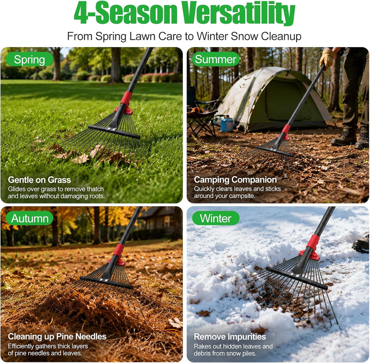 91Inch Adjustable Metal Leaf Rake, 18 Metal Tines Heavy Duty Leaves Rake for Lawns with 8-18" Expandable Head Long Handle Garden Rakes for Women Kids Leaves Yard Gardening Grass Outdoor Camping Debris