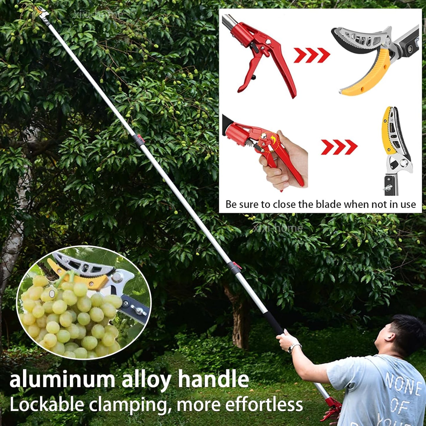 4.6-9.8Ft Cut and Hold Pruners,3 Sections Extendable Tree Trimmer Pruning Shears and Hold Bypass Pruner Telescoping Fruit Picker High Branch Trimming（1 blade heads）