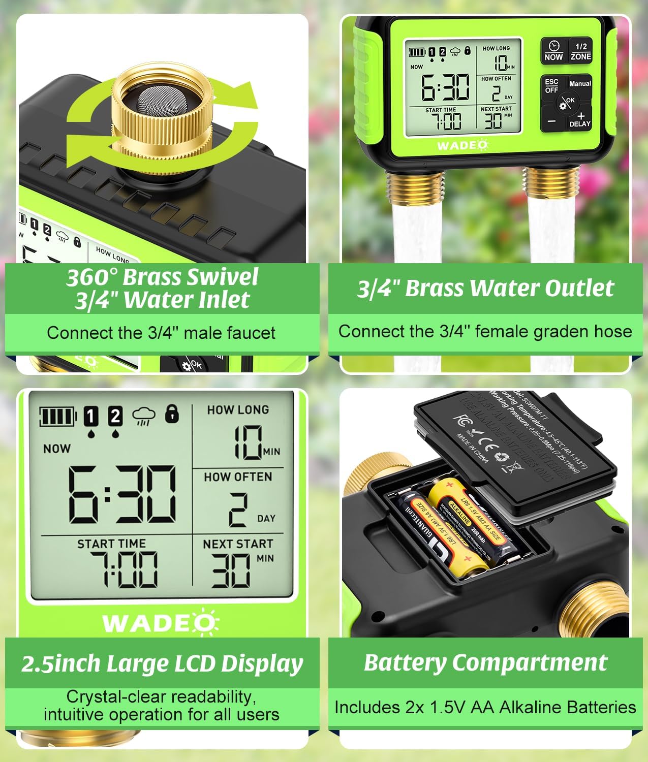 Brass 2 Zone Water Hose Timer, Waterproof Programmable Sprinkler Timer