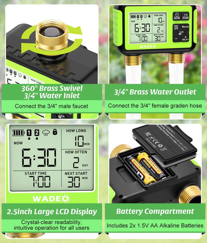 Brass 2 Zone Water Hose Timer, Waterproof Programmable Sprinkler Timer
