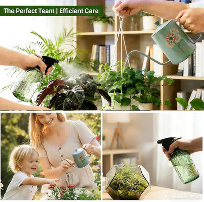 Watering Can for Indoor Plants Long Spout Metal Stainless Steel 21 oz Small Watering Can with 14 oz Glass Plant Mister Spray Bottle for Plants Bonsai