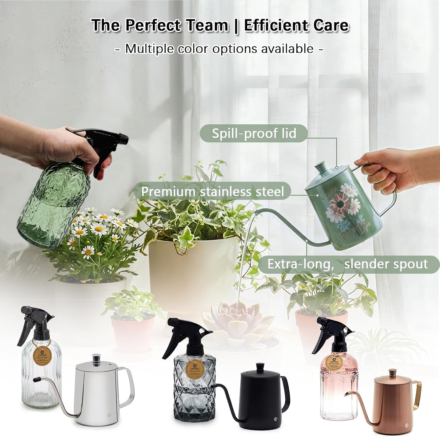 Watering Can for Indoor Plants Long Spout Metal Stainless Steel 21 oz Small Watering Can with 14 oz Glass Plant Mister Spray Bottle for Plants Bonsai