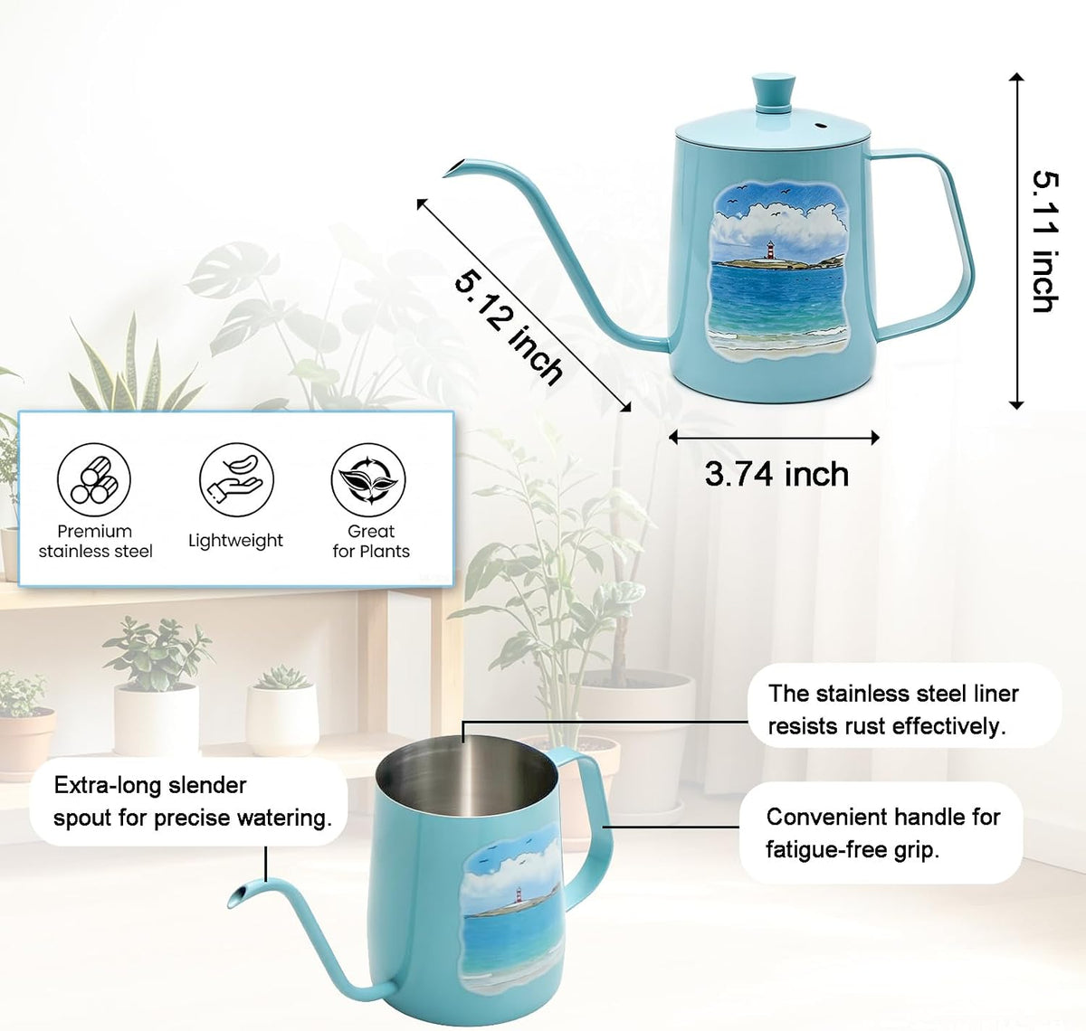 Watering Can for Indoor Plants Long Spout Metal Stainless Steel 21 oz Small Watering Can with 14 oz Glass Plant Mister Spray Bottle for Plants Bonsai