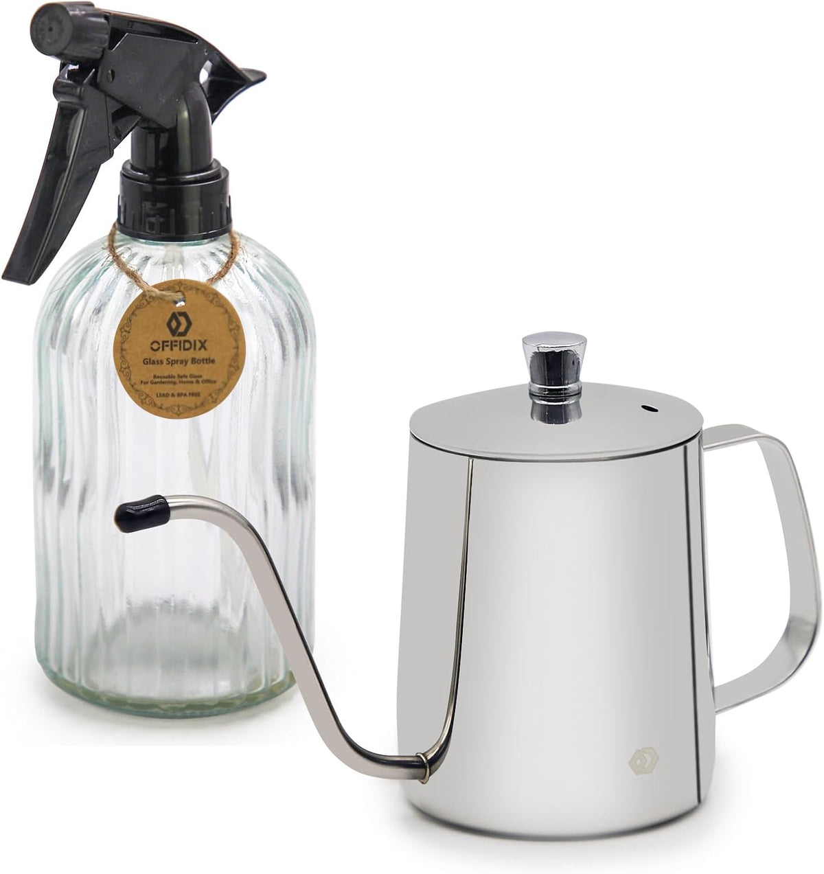 Watering Can for Indoor Plants Long Spout Metal Stainless Steel 21 oz Small Watering Can with 14 oz Glass Plant Mister Spray Bottle for Plants Bonsai