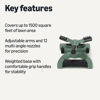 Whirling Rotating Lawn Sprinkler with Adjustable Arms, 1500 sq ft Coverage, Black