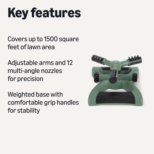 Whirling Rotating Lawn Sprinkler with Adjustable Arms, 1500 sq ft Coverage, Black