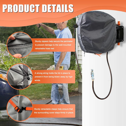 Garden Wall Mounted Retractable Hose Reel Cover, 450D Oxford Polyester Coated Tarp, 100% Waterproof Sunscreen Hose Reel Cover, for:Giraffe tools,Ayleid,Gardena and More.grey,24"L x18"Wx24H"