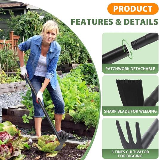 Weed Puller Tool with 45.5" Long Handle, 2 in 1 Small Garden Weeding Hoe & Rake, Handheld Stand Up Hoe Garden Tool for Lawn, Garden, Yard, Flower Bed, Patio & Small Farm
