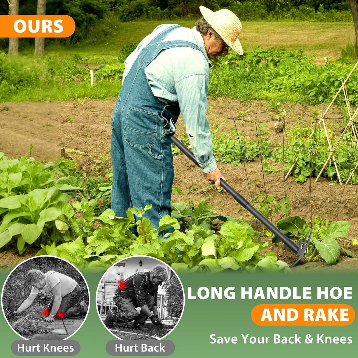 Weed Puller Tool with 45.5" Long Handle, 2 in 1 Small Garden Weeding Hoe & Rake, Handheld Stand Up Hoe Garden Tool for Lawn, Garden, Yard, Flower Bed, Patio & Small Farm