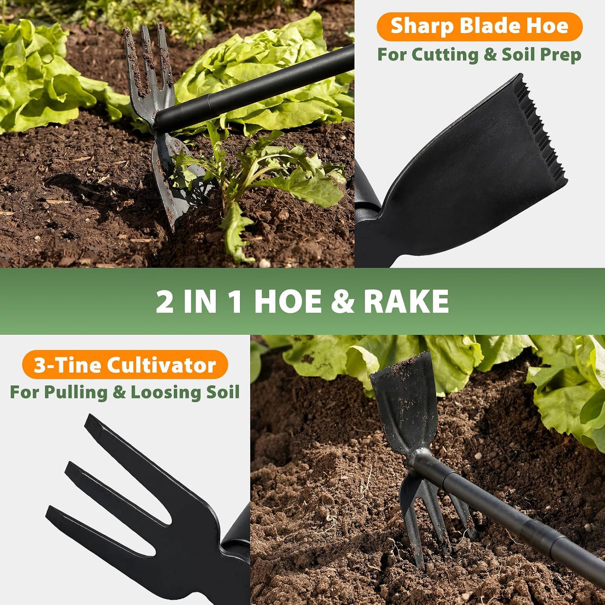 Weed Puller Tool with 45.5" Long Handle, 2 in 1 Small Garden Weeding Hoe & Rake, Handheld Stand Up Hoe Garden Tool for Lawn, Garden, Yard, Flower Bed, Patio & Small Farm