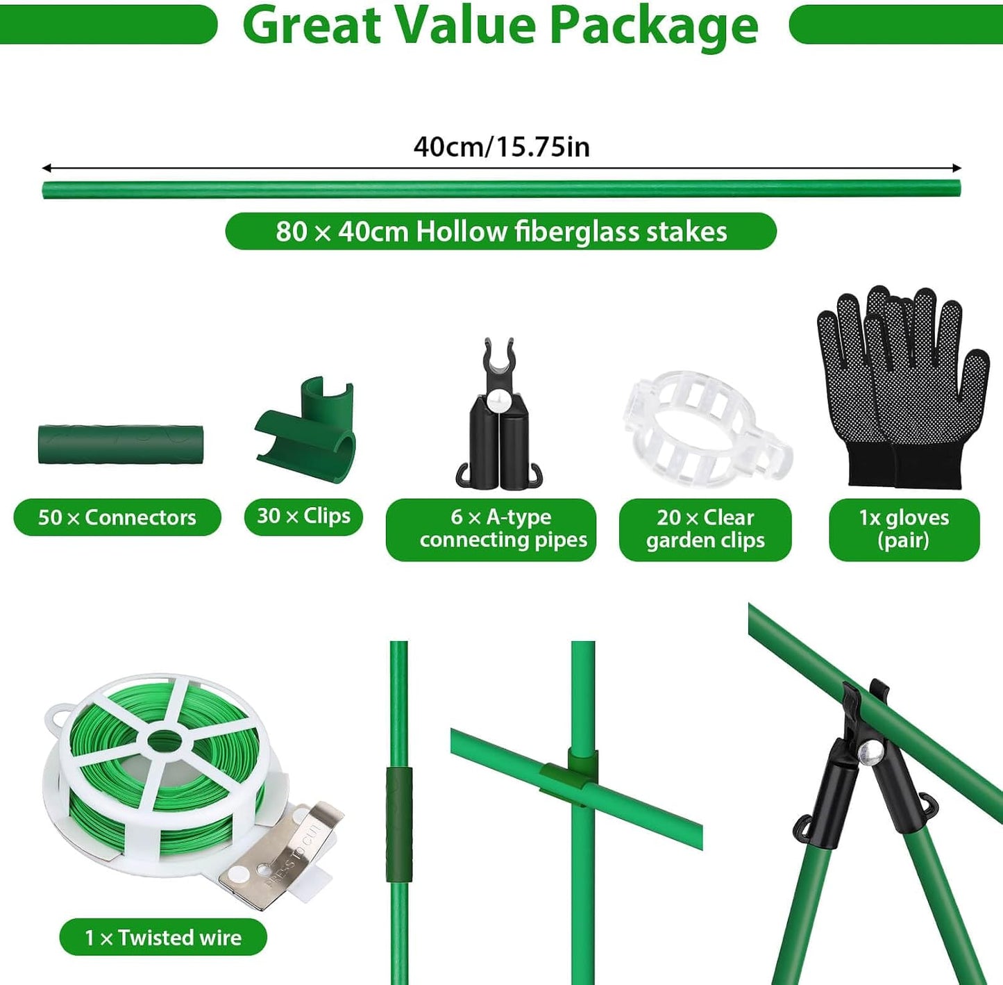 104pcs Garden Stakes, 40 Pack Thicken Fiberglass Tomato Stakes