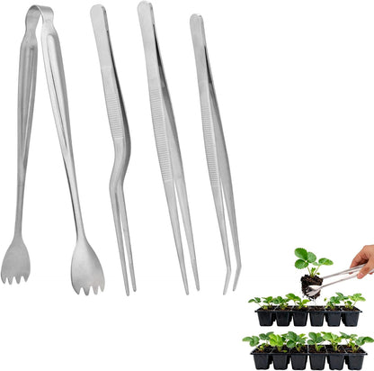 Seedling Transplant Tong & 3pcs Tweezers Set, Stainless Steel Long Thin Seed Starter Seedling Transplanting Pliers Gardening Planting Tool Stuffer Supplies for Plant Lowering Root Damage (Silver)