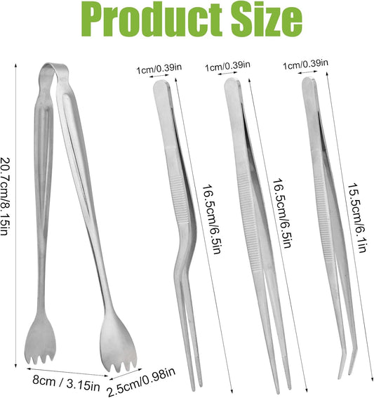 Seedling Transplant Tong & 3pcs Tweezers Set, Stainless Steel Long Thin Seed Starter Seedling Transplanting Pliers Gardening Planting Tool Stuffer Supplies for Plant Lowering Root Damage (Silver)