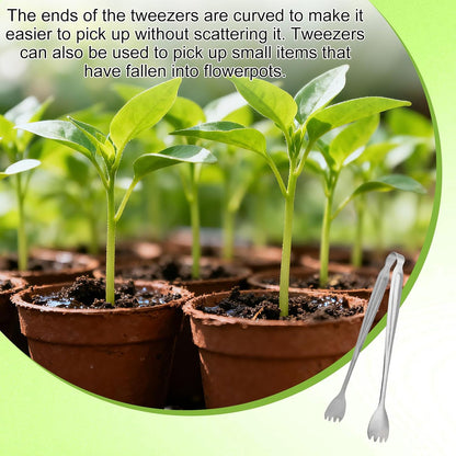 Seedling Transplant Tong & 3pcs Tweezers Set, Stainless Steel Long Thin Seed Starter Seedling Transplanting Pliers Gardening Planting Tool Stuffer Supplies for Plant Lowering Root Damage (Silver)