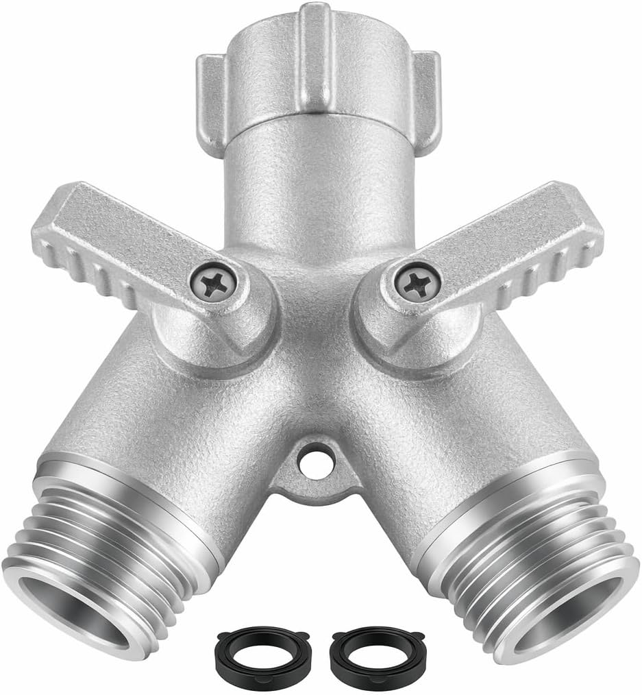 304 Stainless Steel Garden Hose Splitter Heavy Duty 2 Way, Solid Metal Full Flow Hose Y Splitter with Shut Off Valves, Leakproof Outdoor Faucet Adapter for Garden Lawn Yard Irrigation
