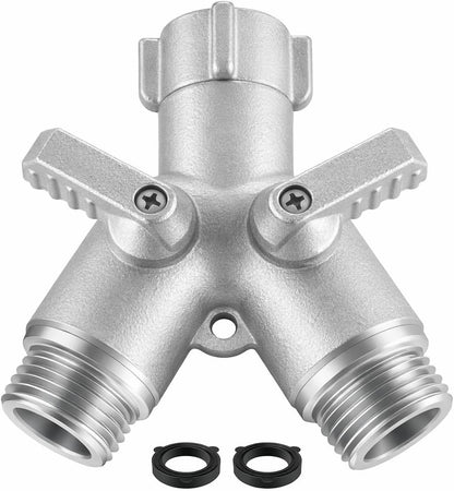 304 Stainless Steel Garden Hose Splitter Heavy Duty 2 Way, Solid Metal Full Flow Hose Y Splitter with Shut Off Valves, Leakproof Outdoor Faucet Adapter for Garden Lawn Yard Irrigation