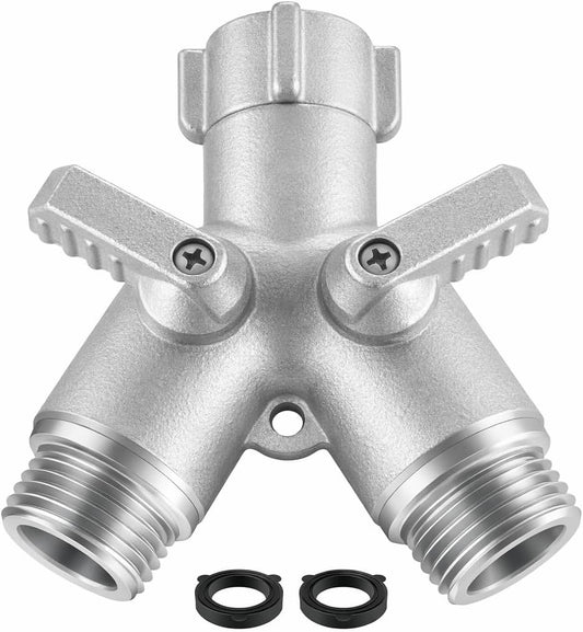 304 Stainless Steel Garden Hose Splitter Heavy Duty 2 Way, Solid Metal Full Flow Hose Y Splitter with Shut Off Valves, Leakproof Outdoor Faucet Adapter for Garden Lawn Yard Irrigation