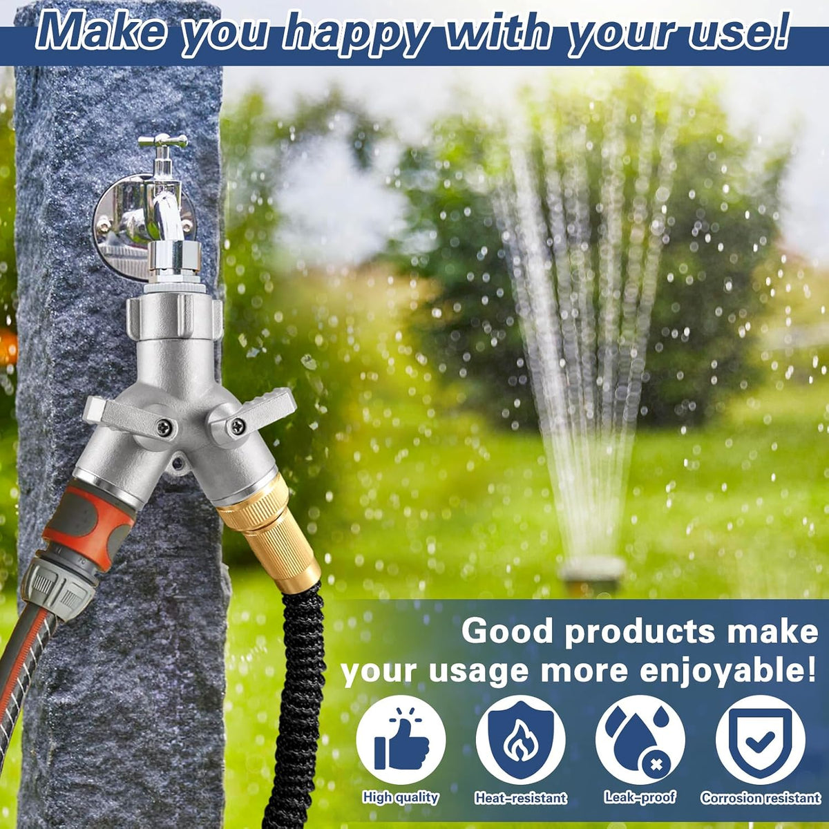 304 Stainless Steel Garden Hose Splitter Heavy Duty 2 Way, Solid Metal Full Flow Hose Y Splitter with Shut Off Valves, Leakproof Outdoor Faucet Adapter for Garden Lawn Yard Irrigation