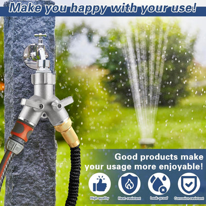 304 Stainless Steel Garden Hose Splitter Heavy Duty 2 Way, Solid Metal Full Flow Hose Y Splitter with Shut Off Valves, Leakproof Outdoor Faucet Adapter for Garden Lawn Yard Irrigation