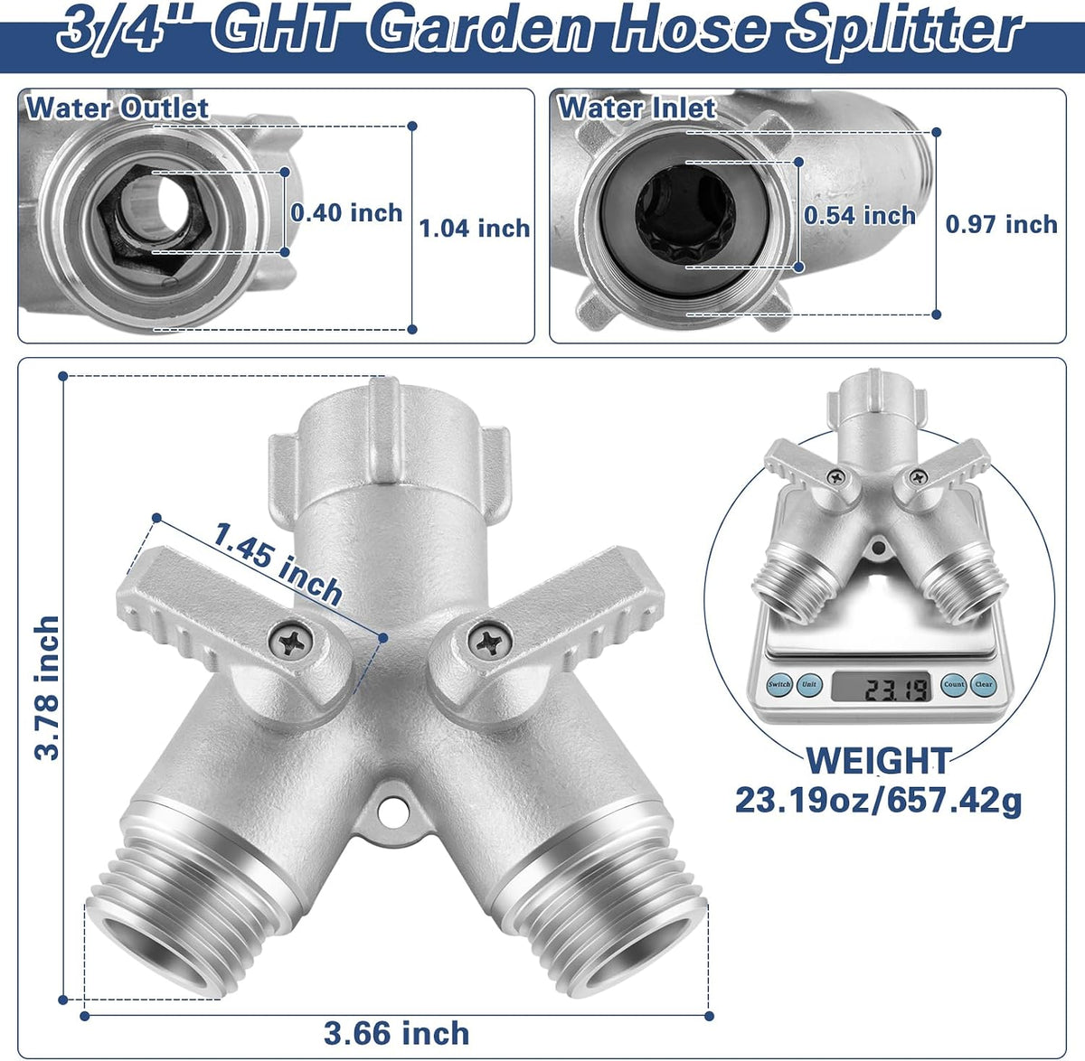 304 Stainless Steel Garden Hose Splitter Heavy Duty 2 Way, Solid Metal Full Flow Hose Y Splitter with Shut Off Valves, Leakproof Outdoor Faucet Adapter for Garden Lawn Yard Irrigation