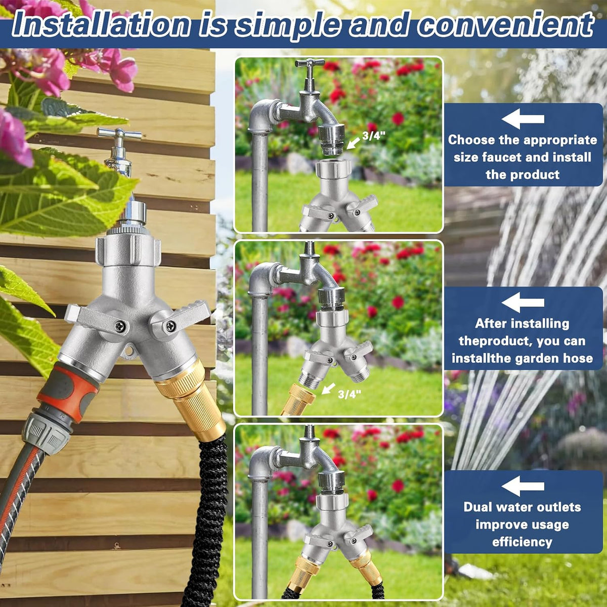 304 Stainless Steel Garden Hose Splitter Heavy Duty 2 Way, Solid Metal Full Flow Hose Y Splitter with Shut Off Valves, Leakproof Outdoor Faucet Adapter for Garden Lawn Yard Irrigation