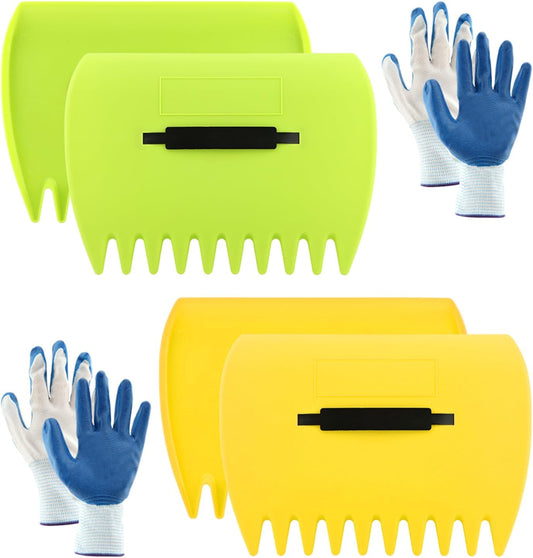 2 Pairs Garden and Yard Leaf Scoops Hand Rakes with 2 Pairs Gloves, Large Sized Handheld Grass Twigs Hand Rakes for Leaves Lawn Debris and Trash Pick Up