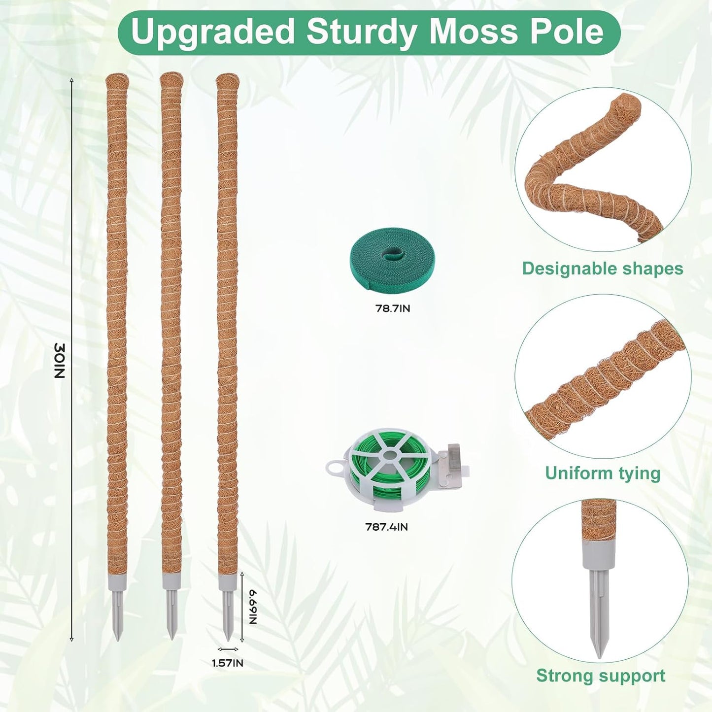 3 Pack Moss Pole, 50 Inch Monstera Plant Support, Tall Moss Poles for Climbing Plants Indoor DIY, Coco Coir Plant Pole Moss Plant Stick Support Stake Kit for Potted Plants, Pothos, Philodendron