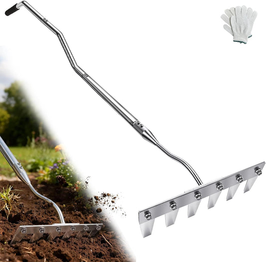 Weeding Rake w 45’’ Ergonomic Curved Handle, Heavy-Duty Stainless Steel Weed Puller Tool w 6 Hoe & Weeding Blade, Efficient Extended Garden Hoe for Weeding for Yard, Flower Beds & Loosening Soil