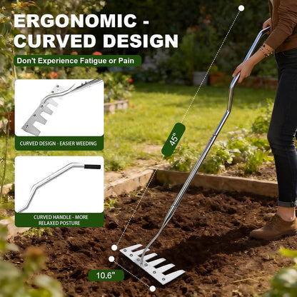 Weeding Rake w 45’’ Ergonomic Curved Handle, Heavy-Duty Stainless Steel Weed Puller Tool w 6 Hoe & Weeding Blade, Efficient Extended Garden Hoe for Weeding for Yard, Flower Beds & Loosening Soil