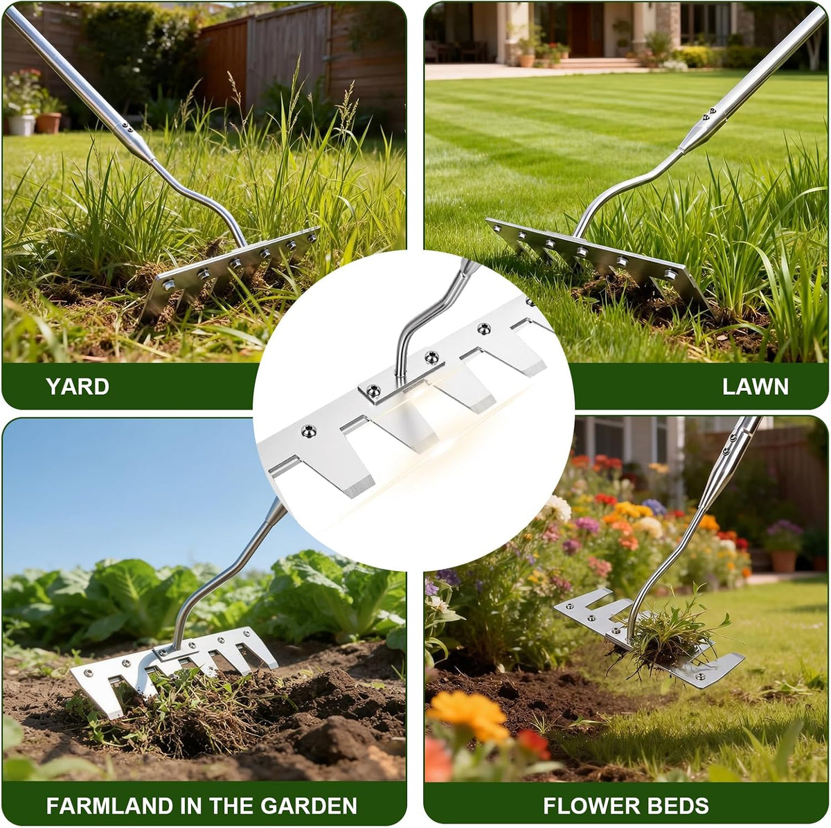 Weeding Rake w 45’’ Ergonomic Curved Handle, Heavy-Duty Stainless Steel Weed Puller Tool w 6 Hoe & Weeding Blade, Efficient Extended Garden Hoe for Weeding for Yard, Flower Beds & Loosening Soil
