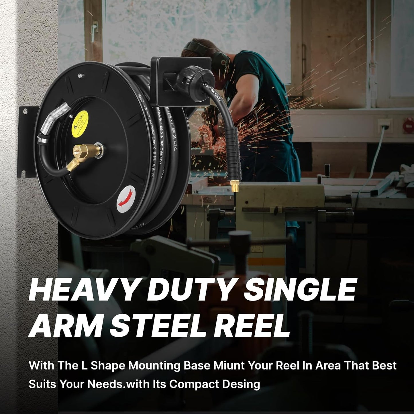 Retractable Air Hose Reel, 3/8 IN x 50 FT Hybrid Air Hose Max 300 PSI, Air compressor hose reel with 5 ft Lead in, Ceiling/Wall Mounted air hose reel,Heavy Duty air tool