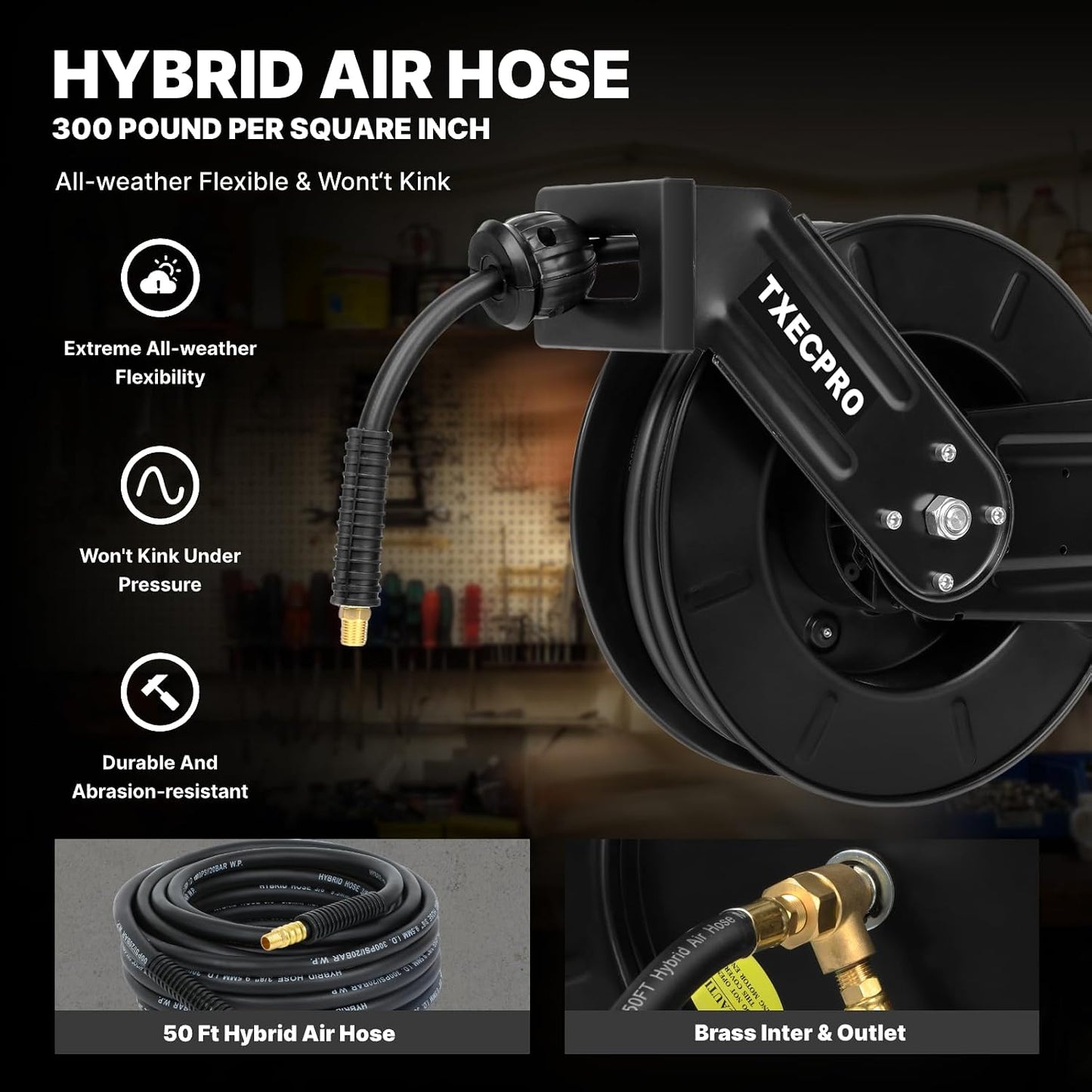 Retractable Air Hose Reel, 3/8 IN x 50 FT Hybrid Air Hose Max 300 PSI, Air compressor hose reel with 5 ft Lead in, Ceiling/Wall Mounted air hose reel,Heavy Duty air tool