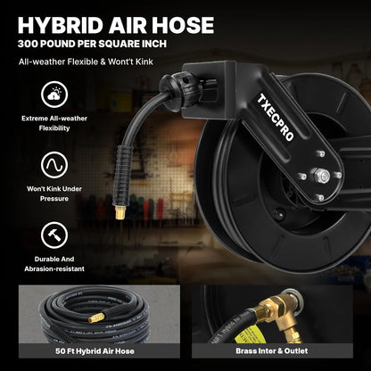 Retractable Air Hose Reel, 3/8 IN x 50 FT Hybrid Air Hose Max 300 PSI, Air compressor hose reel with 5 ft Lead in, Ceiling/Wall Mounted air hose reel,Heavy Duty air tool