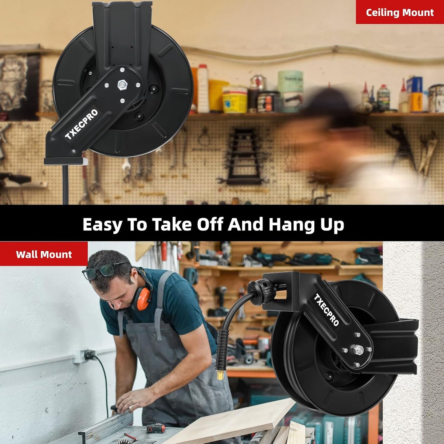 Retractable Air Hose Reel, 3/8 IN x 50 FT Hybrid Air Hose Max 300 PSI, Air compressor hose reel with 5 ft Lead in, Ceiling/Wall Mounted air hose reel,Heavy Duty air tool