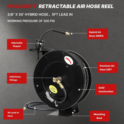 Retractable Air Hose Reel, 3/8 IN x 50 FT Hybrid Air Hose Max 300 PSI, Air compressor hose reel with 5 ft Lead in, Ceiling/Wall Mounted air hose reel,Heavy Duty air tool