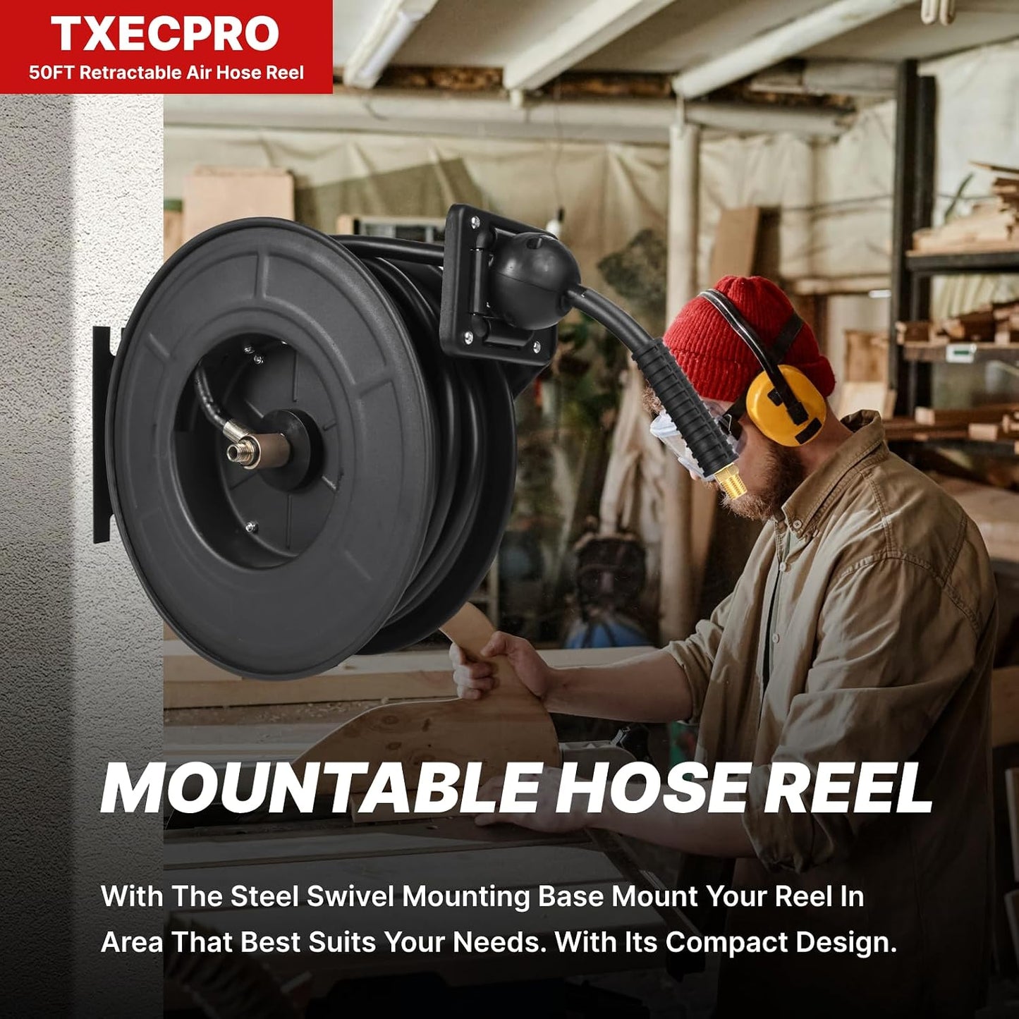 Retractable Air Hose Reel, 3/8 IN x 50 FT Hybrid Air Hose Max 300 PSI, Air compressor hose reel with 5 ft Lead in, Ceiling/Wall Mounted air hose reel,Heavy Duty air tool