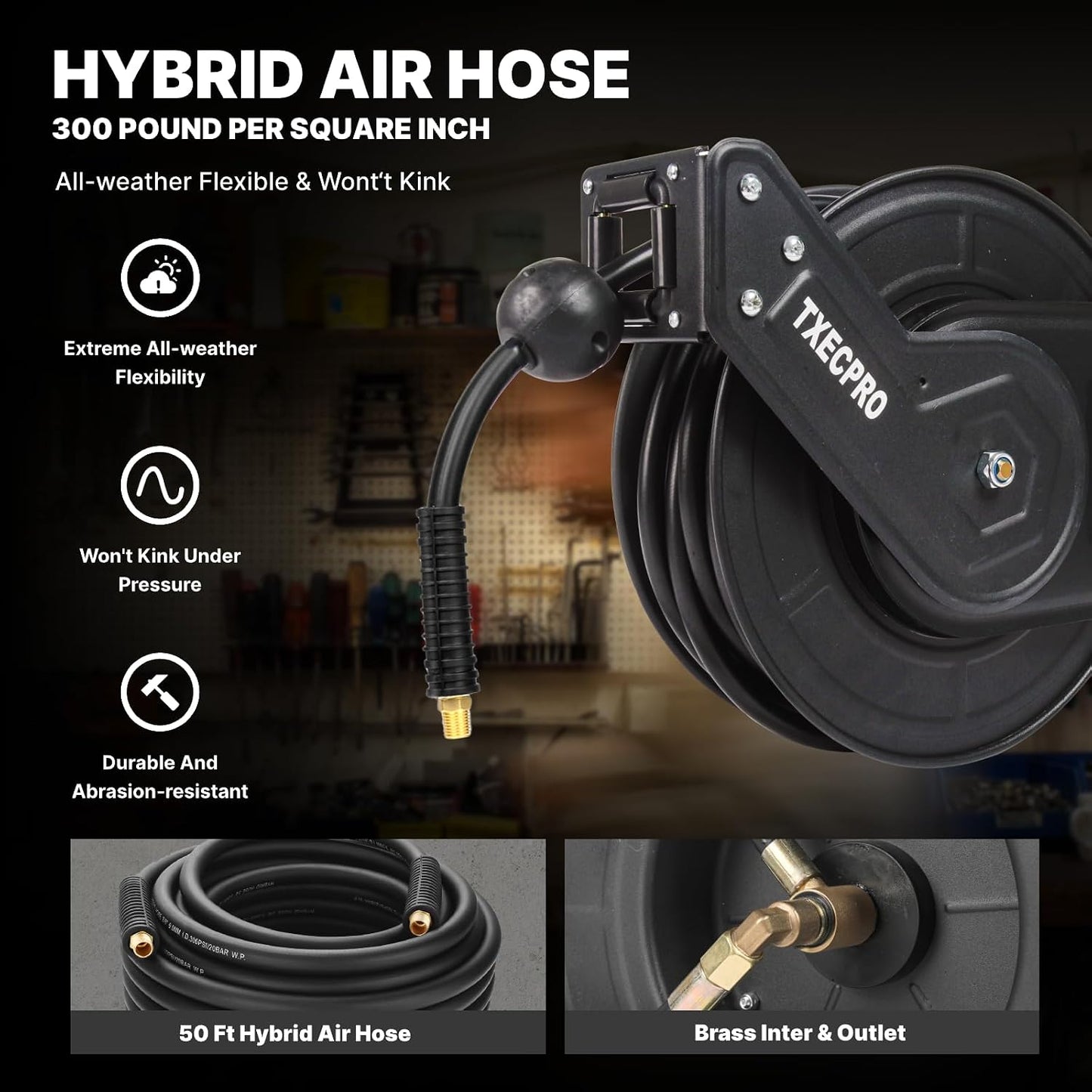 Retractable Air Hose Reel, 3/8 IN x 50 FT Hybrid Air Hose Max 300 PSI, Air compressor hose reel with 5 ft Lead in, Ceiling/Wall Mounted air hose reel,Heavy Duty air tool