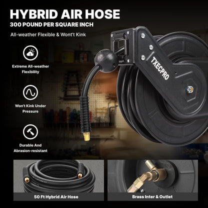 Retractable Air Hose Reel, 3/8 IN x 50 FT Hybrid Air Hose Max 300 PSI, Air compressor hose reel with 5 ft Lead in, Ceiling/Wall Mounted air hose reel,Heavy Duty air tool