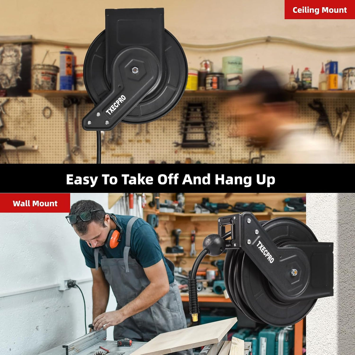 Retractable Air Hose Reel, 3/8 IN x 50 FT Hybrid Air Hose Max 300 PSI, Air compressor hose reel with 5 ft Lead in, Ceiling/Wall Mounted air hose reel,Heavy Duty air tool